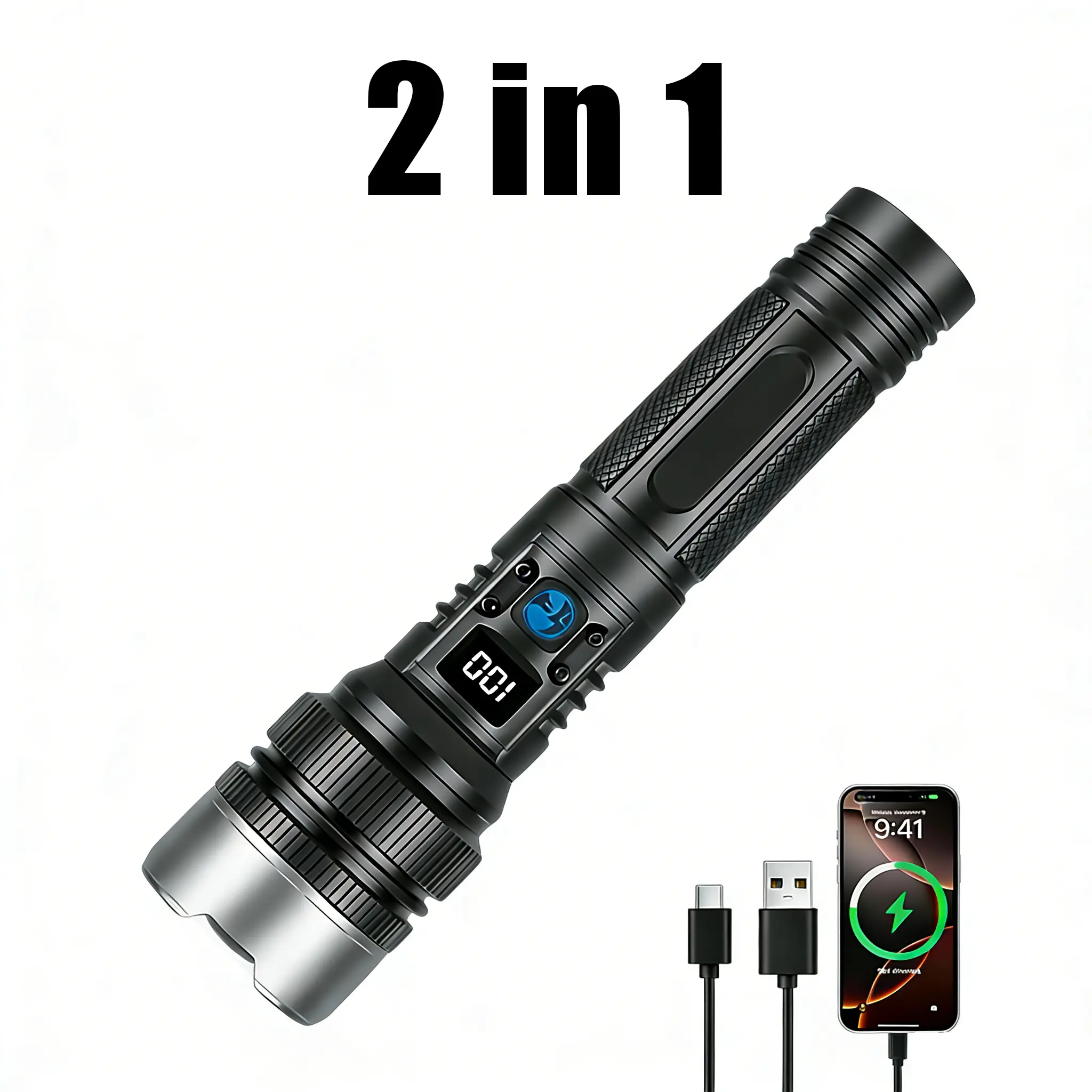 2-in-1 Rechargeable Flashlight (with Power Bank Function) — Ultra-Bright, High-Lumen Tactical Flashlight | IPX4 Water-Resistant | 3 Modes, Zoomable | Features LCD Digital Display | Powerful Handheld LED Flashlight — Emergency Light & Home Essential tiktok