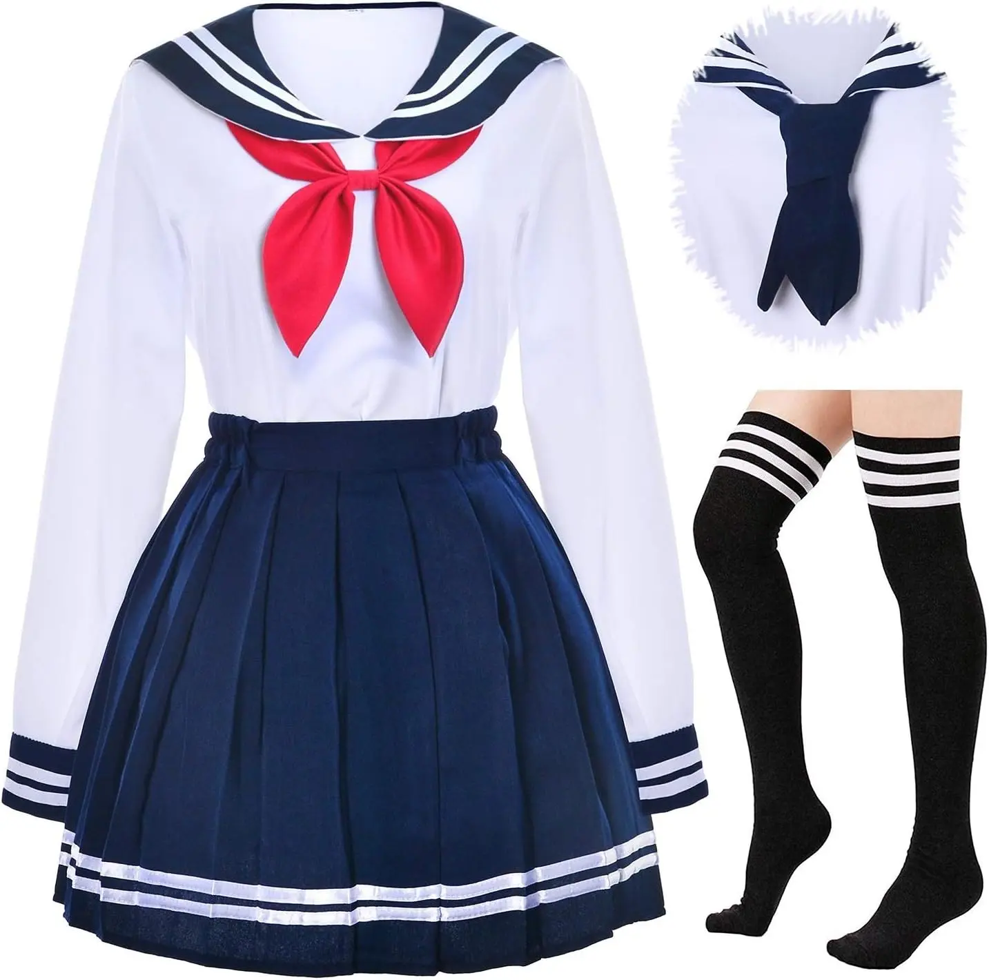 Japanese School Girls Uniform Sailor Navy Blue Pleated Skirt Anime Cosplay Costumes with Socks Set