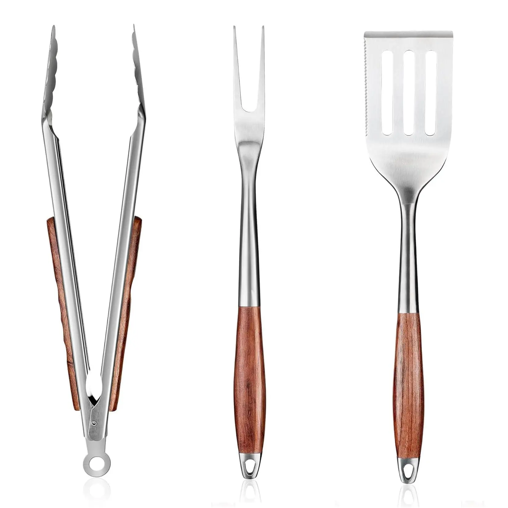 Heavy Duty Stainless Steel BBQ Tools Set - 3-Piece Grilling Utensils with Rosewood Handles - Includes Spatula, Fork, Locking Tongs - Heat Resistant, Non-Slip - Outdoor Grilling, Camping