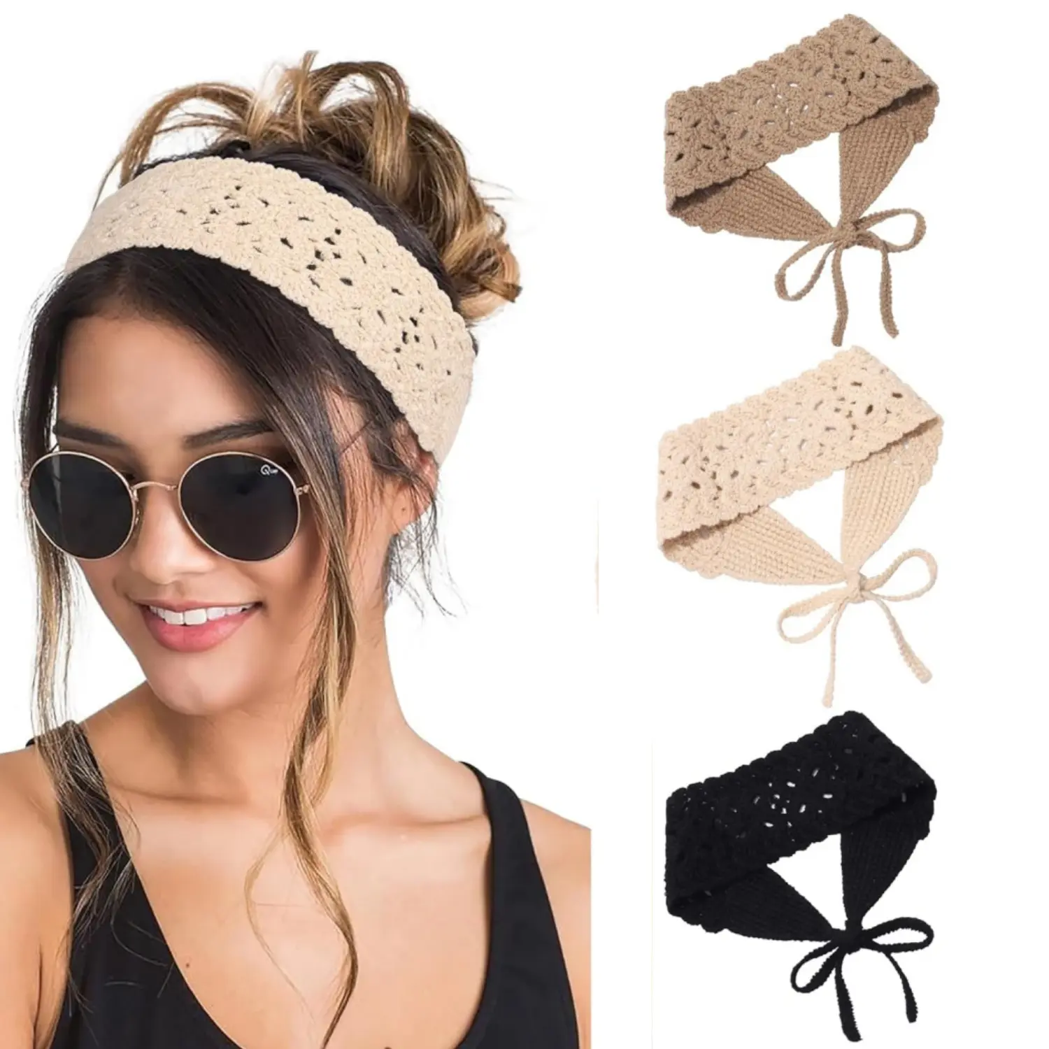 Women's 3-Pcs Handmade Yarn Headband Set, Boho Hippie Floral Knit Head Wraps with Adjustable Ties, Breathable Wear (Black+Beige+Coffee) - Home Improvement, Building Supplies, Wallpaper & Wall Trim, Floral Pattern
