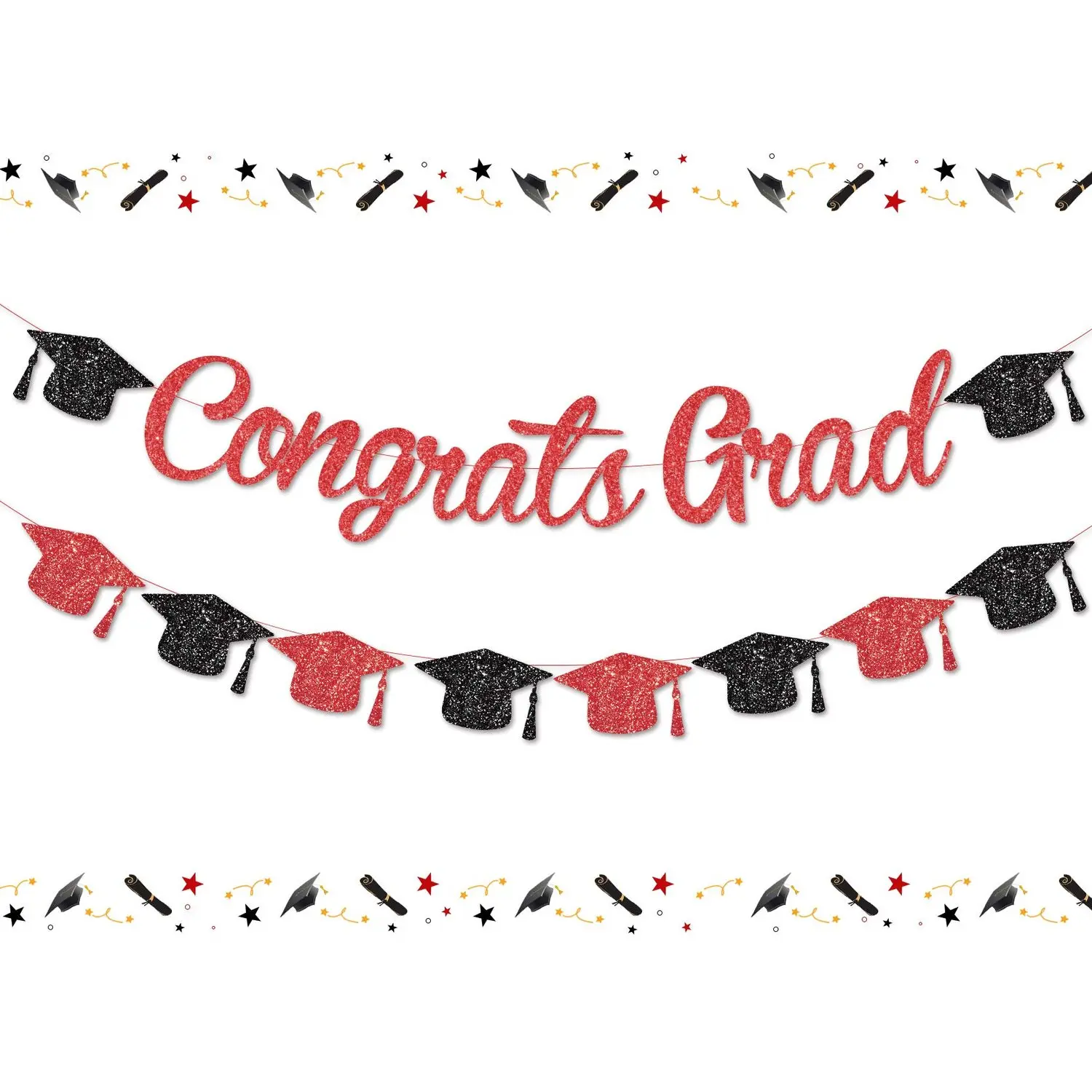 Class of 2026 Graduation Party Decorations Kit - Red Black Glitter Pre-Stringed Cloth Banner, Large Size Cap Garland, Custom Colors Flash Cardboard for High School Window Festive Supplies