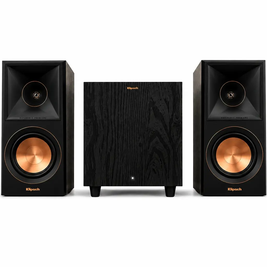 Klipsch Compact Vinyl Stereo Home Theater Set - RP-500M II Walnut Wood Textured Grain Bookshelf Speakers with 1" Titanium LTS Vented Tweeter, 5.25" Woofer; R-80SWi 8" 150W Cordless Down-Firing Subwoofer with All-Digital Amplifier (none feature included)