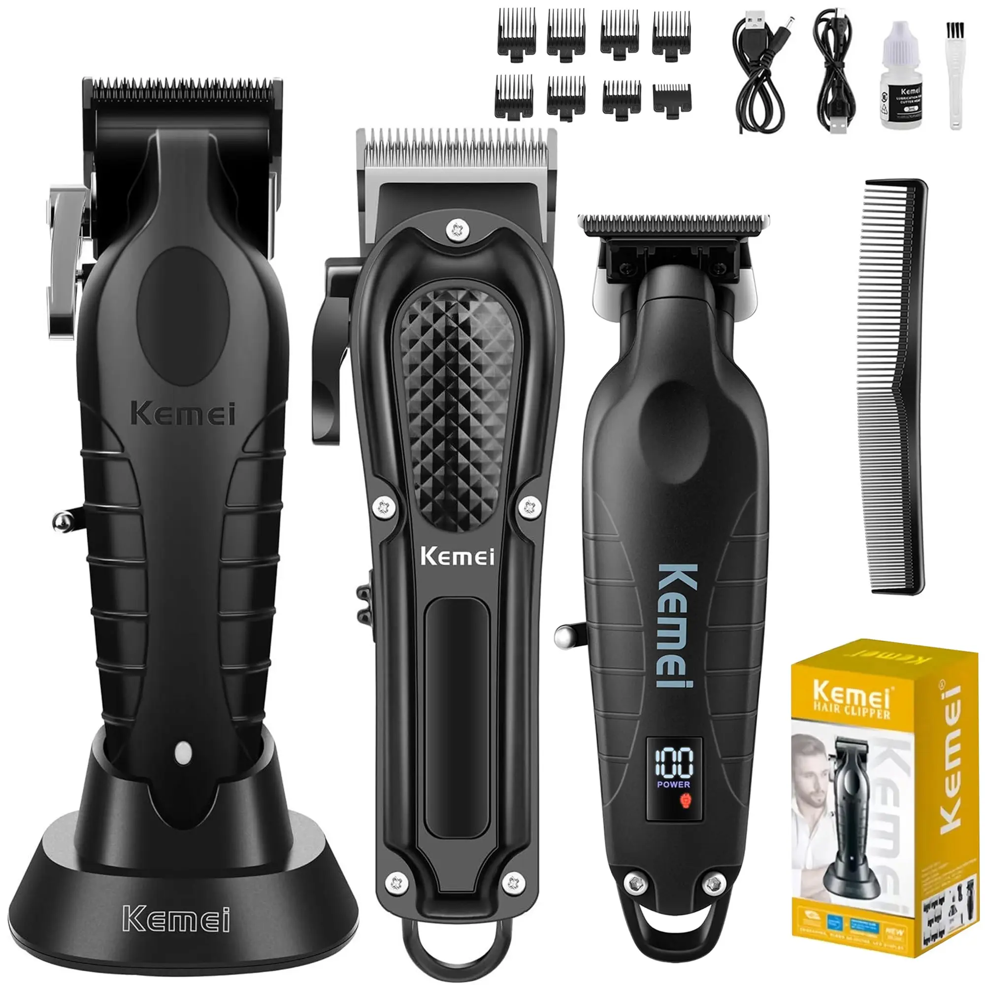 KEMEI 3 IN 1 Clipers Set KEMEI 2296 & KEMEI 2293 & KEMEI 2299 Set Hair Clippers for Men with LED Display Cordless Professional 0-Gapped Hair Trimmer & Barber Cutting Kit for Men, Ideal Gift for Men Beard and Hair Grooming, Black
