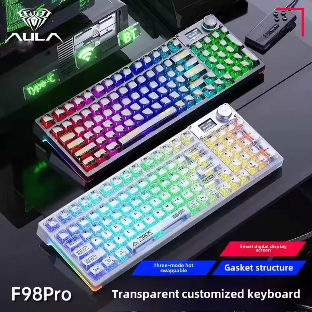 AULA F98 Pro Wireless Mechanical Keyboard Comes With Transparent Keycaps hot-Swappable Pre-installed Linear Switches Gasket Structure RGB Backlight OLED Screen BT5.0/2.4G/USB-C Wired Computer keyboard rapid trigger keyboard