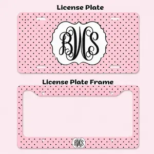 Personalized Monogram Pink Polka Dot License Plate & Frame Set – Custom BVS Car Tag, Polka Dot License Plate, Custom Car Decor