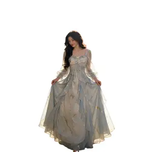 SYHAN 2026 Latest Misty Gilded Blue Temperament Dress Ash-Blue Gradient, Fairy-Style Butterfly Golden Foil Print, Ruffled Long Sleeve