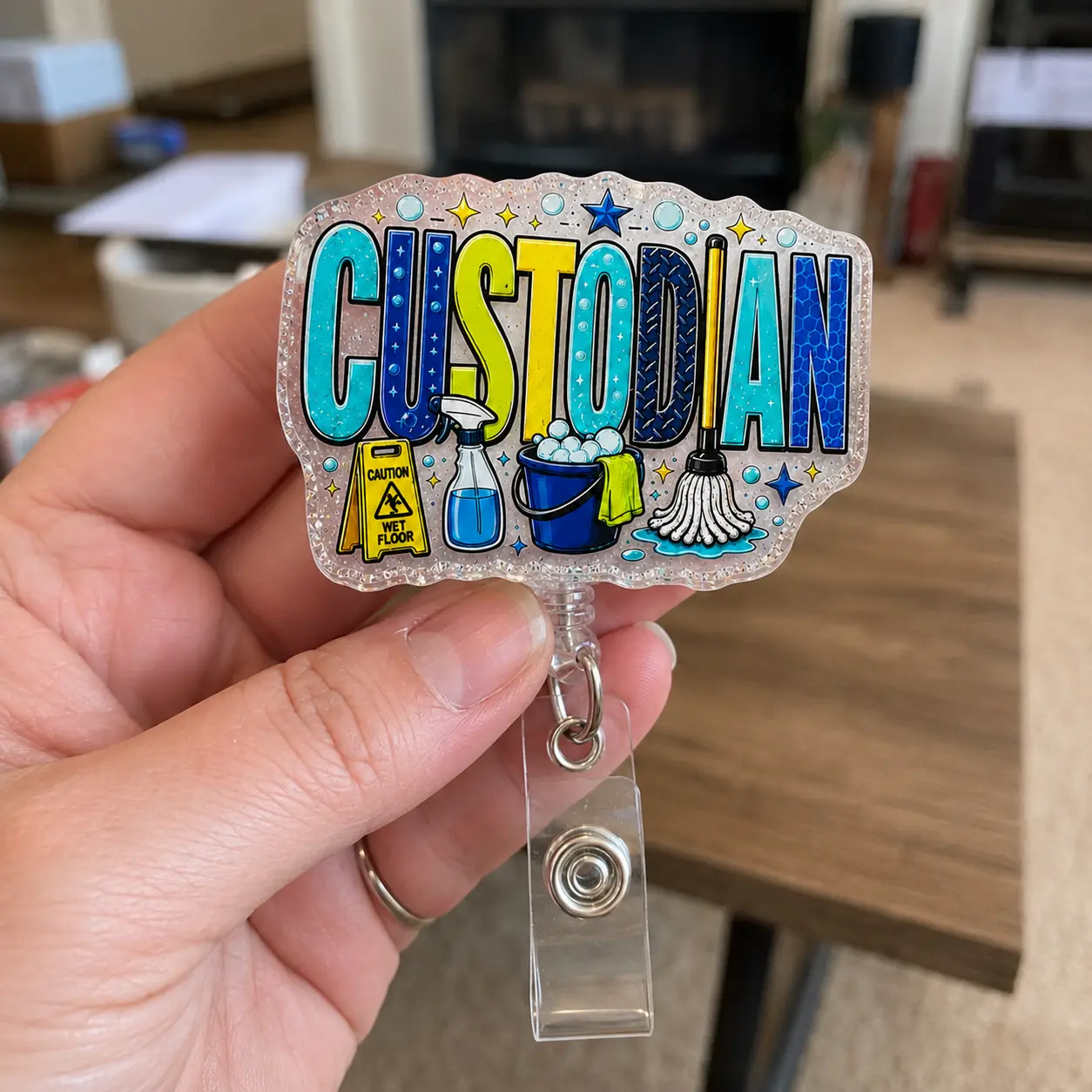 Badge Reels for Custodians V2, Cute Acrylic Custodian Janitor ID Badge Holder, Retractable Swivel Clip School Staff Appreciation Gift