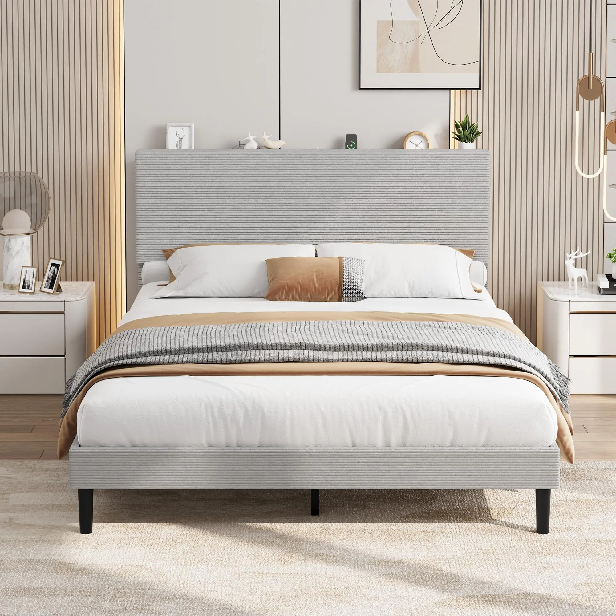 Garvee Full Size Corduroy Upholstered Headboard Bed Frame - Adjustable Headboard, Hidden Compartment, Integrated Charging Station, Durable Noise-Free Platform Bed Frame, No Box Spring Needed, Easy Assembly, Light Grey, Upholstered Headboard Bed Frames, Ad