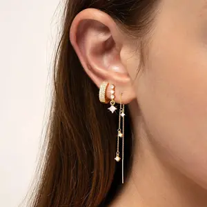 14K Gold Plated Fashionable Four-Pointed Star Pendant Earrings For Women Girls With Zircon Stones Dangle Hoop & Stud Stacking Earrings Three-Piece Set