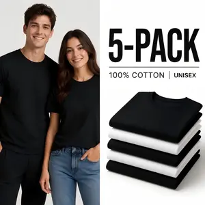 [5-Pack] Men’s Shirts Premium 100% Combed Cotton T-Shirts, 180g Breathable Summer Crew Neck Tee, Shape-Retention Design, Reinforced Non-Deforming Neckline, Regular & Oversized Fits, Durable Unisex Streetwear Blank Tee Bundle