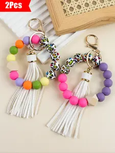 2pcs-Boho Style Keychain Set, Leopard Print Beads, Tassel Charm, Fashionable Handmade Jewelry Gift for Friends & Women