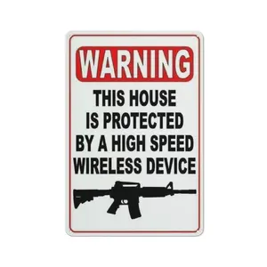 Warning Protected By A Wireless Device Sign 8"x 12" Aluminum Reflective with Gun Symbol for Home Security Vintage Style Sign-8x12 Inch Wall Art for Home, Garden Garage & Man Cave