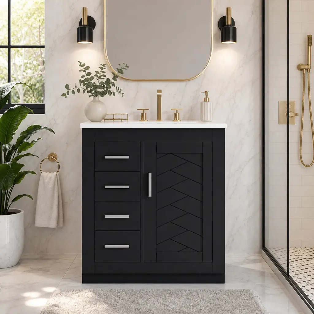 24 Inch Bathroom Vanity with Integrated Ceramic Sink, Black Solid Wood & MDF Floor Cabinet with 1 Door and 3 Drawers, Single Sink Storage Organizer for Small to Medium Bathroom, Compact Modern Design, Easy Assembly, Black Color Options