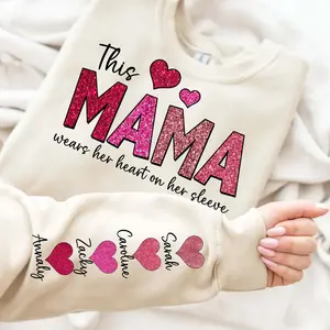 Custom This Mama Wears Her Heart On Her Sleeve, Personalized Valentine, Add Your Own Names, Valentine's Day Shirt, Pink Glitter Mama Valentine