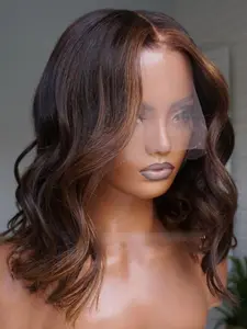 Brown Blonde Highlights Ombre Mixed Color 100% Real Human Hair 13x4 Free Part Lace Front Wigs Short Bob Style Transparent Lace Glueless Wig 14 Inch Wavy Hair Pre Plucked With Baby Hair Natural Hairline Beginner Friendly Suitable for Women Daily Party Wear