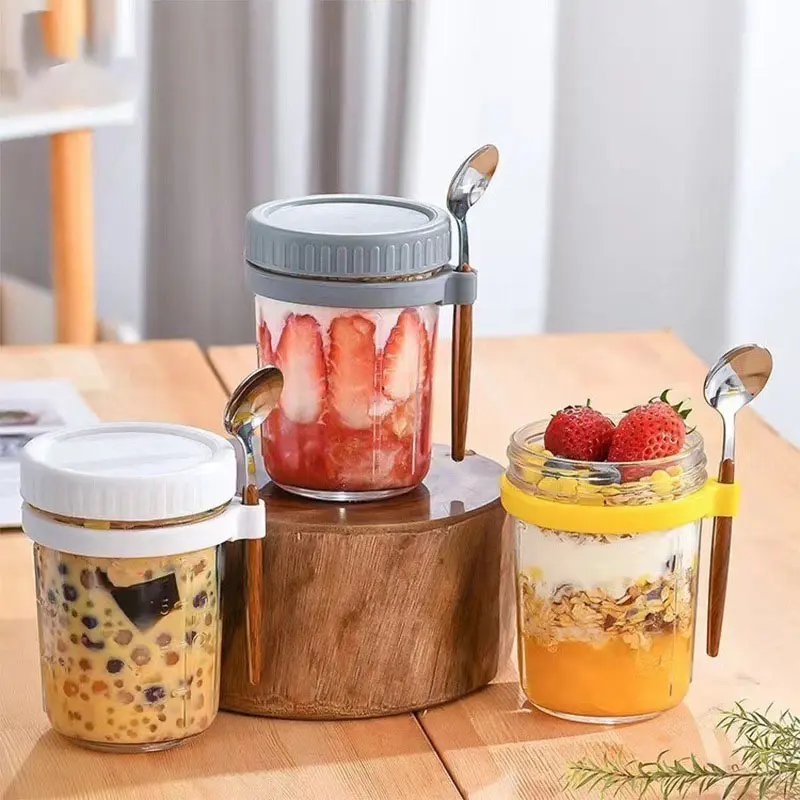 Glass Yogurt Cup, Salad Bowl, Overnight Oats Container, Portable Sealed Soup Mug, Milk Cup, Smoothie Bowl, Breakfast Cereal Holder, Leakproof Container, Glass Salad Jars, Food Storage Jar, Glass Food Containers