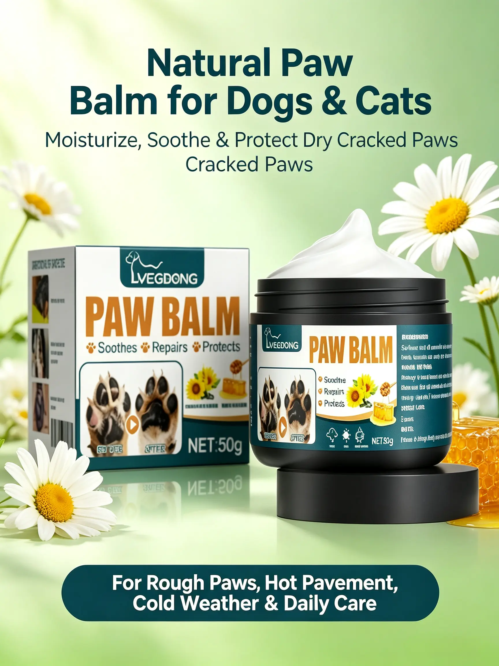 Dog Paw Balm - Natural Sunflower & Honey Moisturizer Cream with Cream Texture, Moisture Boost, Heals Fissures, Repairs Cracked Dry Pads, Protects from Hot Pavement, For All Dog Breeds & Puppies, Portable Jar
