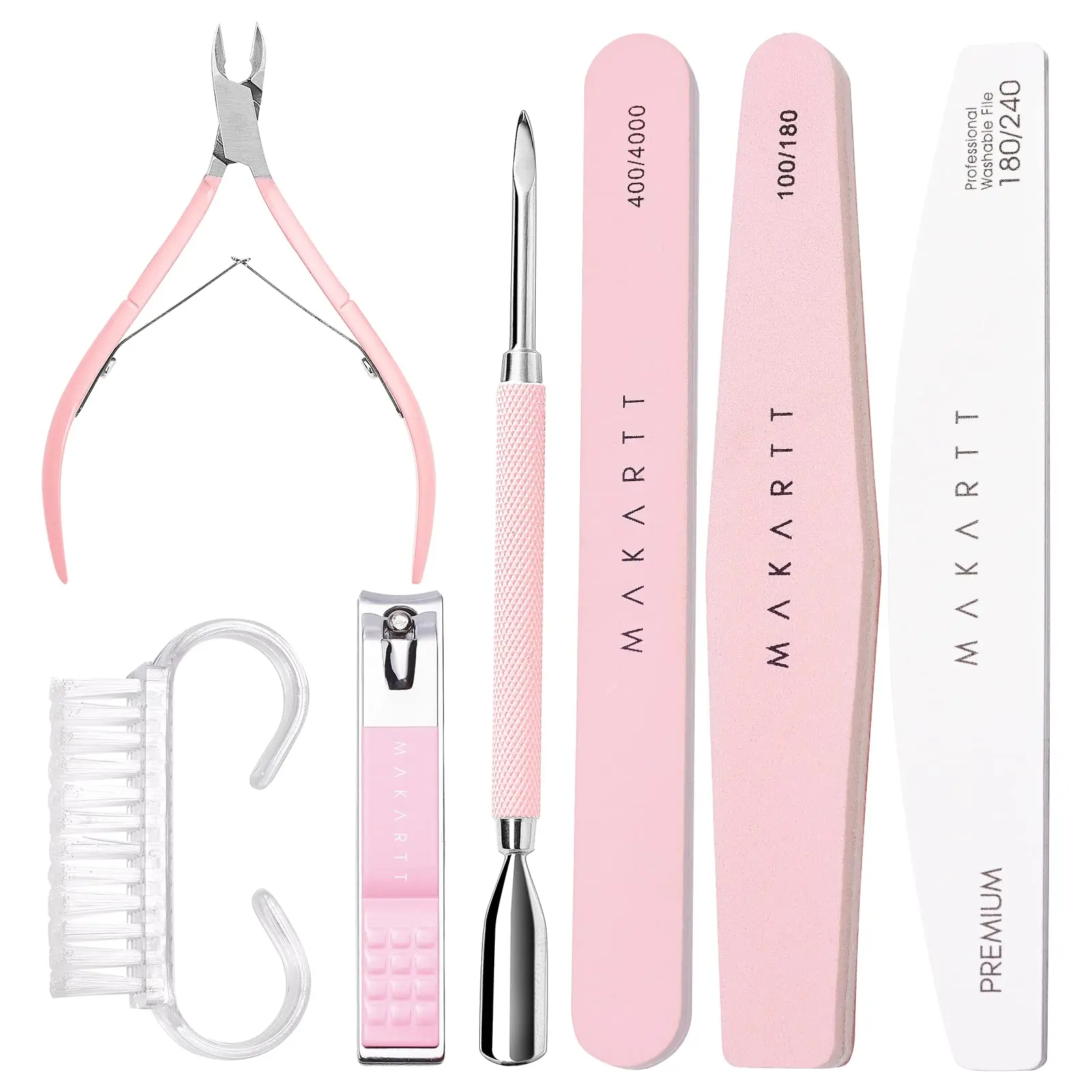 Makartt Nail File and Buffer, Pink Basic Nail Prep Kit with Cuticle Trimmer, Beginner Manicure Kit Nail Care Kit with Cuticle Clipper, Cuticle Trimmer and Nail Brush for Natural Acrylic Nails(7pcs) Nail Art