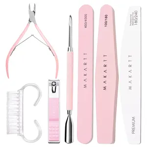 Makartt Nail File and Buffer, Pink Basic Nail Prep Kit with Cuticle Trimmer, Beginner Manicure Kit Nail Care Kit with Cuticle Clipper, Cuticle Trimmer and Nail Brush for Natural Acrylic Nails(7pcs) Nail Art
