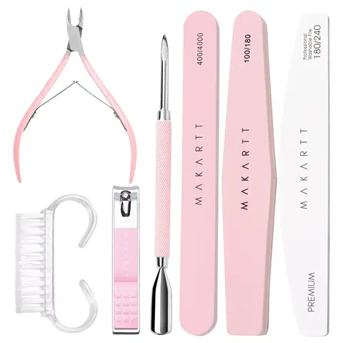 Makartt 7pcs Pink Basic Nail Prep Kit - Ergonomic-Handled Nail Art Tools with Cuticle Trimmer, Clipper, File, Buffer, Brush for Natural Acrylic Fingernails, Beauty & Crafts, Clean and Perfect Experience