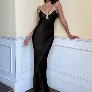 Solid Contrast Color Backless Spaghetti Strap Cami Maxi Dress Women's 2025 Summer New Casual Elegant Slim Party Club V Neck Dress for Vacation Holiday Beach Outfits Dresses