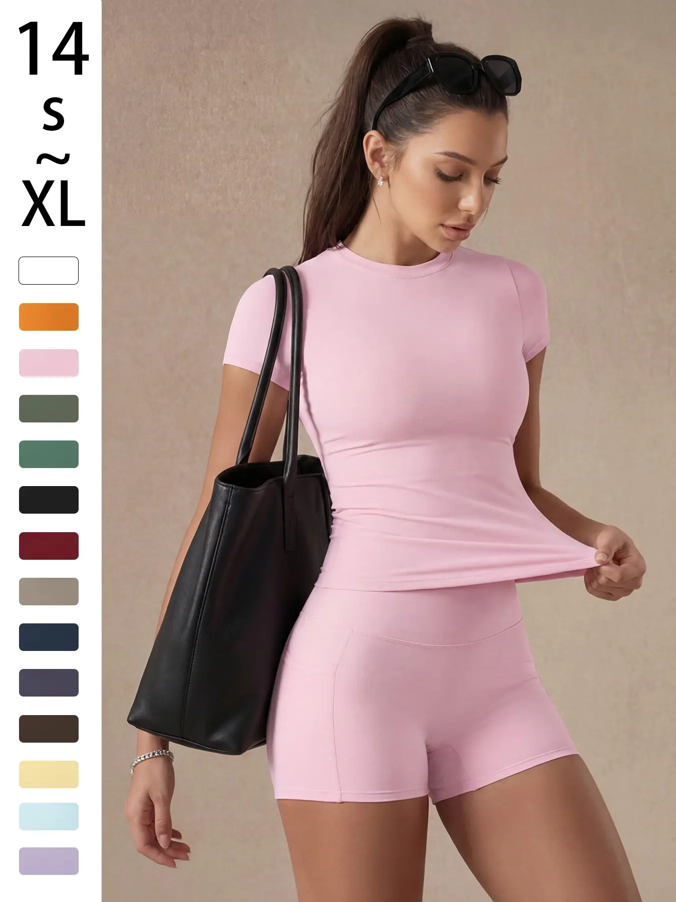 Women's Solid Color Compression Sportswear Set, Basic Versatile T-Shirt and Fashion Multi-Purpose High Waist Shorts for Yoga Fitness, All-Season Gymswear, Gym Sets, High Waist Activewear
