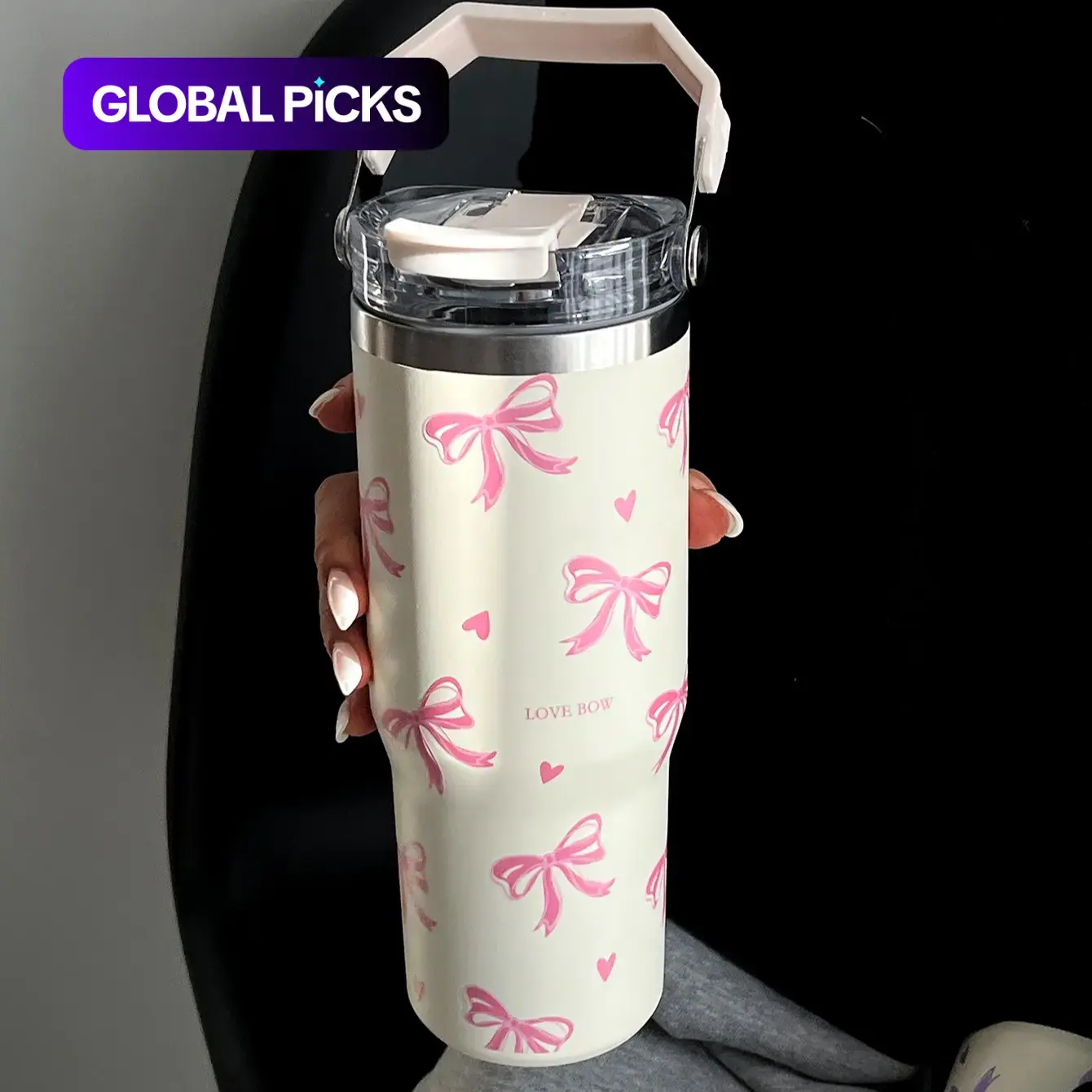 Bow and Heart Pattern Vacuum Insulated Stainless Steel Insulated Drink Tumbler, Flask, Insulated Vacuum Drinkware, Large Water Bottle with Handle and Straw for Home, Office or School, Insulated Travel Tumbler #GLOBAL PICKS