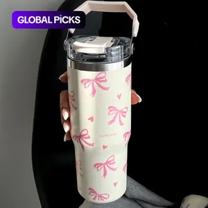 Butterfly and Heart Pattern Vacuum Insulated Stainless Tumbler, 1 Count Large-Capacity Water Bottle with Handle and Straw for Home, Office or School#TOP PICKS