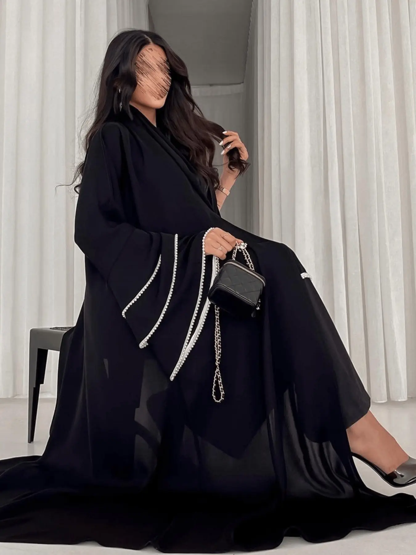 Modest Arabic Dubai Open Front Abaya Coat, Modest Islamic Abaya, Muslim Abaya, Loose Fit Long Robe with Beaded Sleeves, Fashionable Women's Outerwear for All Seasons, Islamic Modesty Clothes, Muslim Clothing, Abayas For Eid
