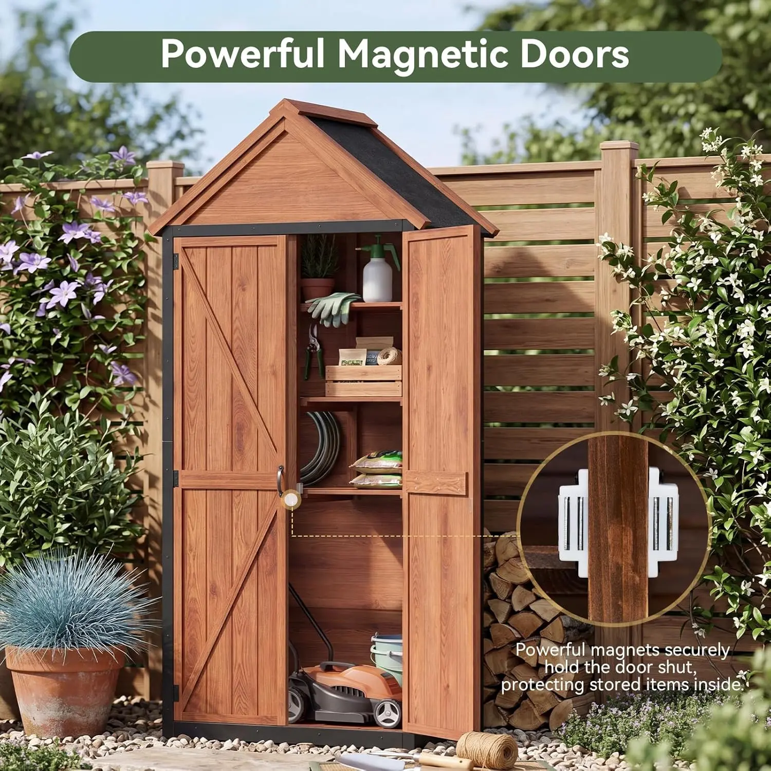 Aoxun 2.5'×1.4' Rectangular Solid Wood Grain Outdoor Storage Cabinet - Asphalt Roof, Magnetic Door, Raised Pedestal Floor, Durable Weatherproof, Assembly Required Garden Tool Organizer for Patio, Garage