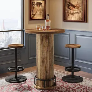 Tribesigns Industrial Bistro Set: Round Bar Table with 2 Barstools for Kitchen Nook, Apartment, Small Space, Metal Footrest
