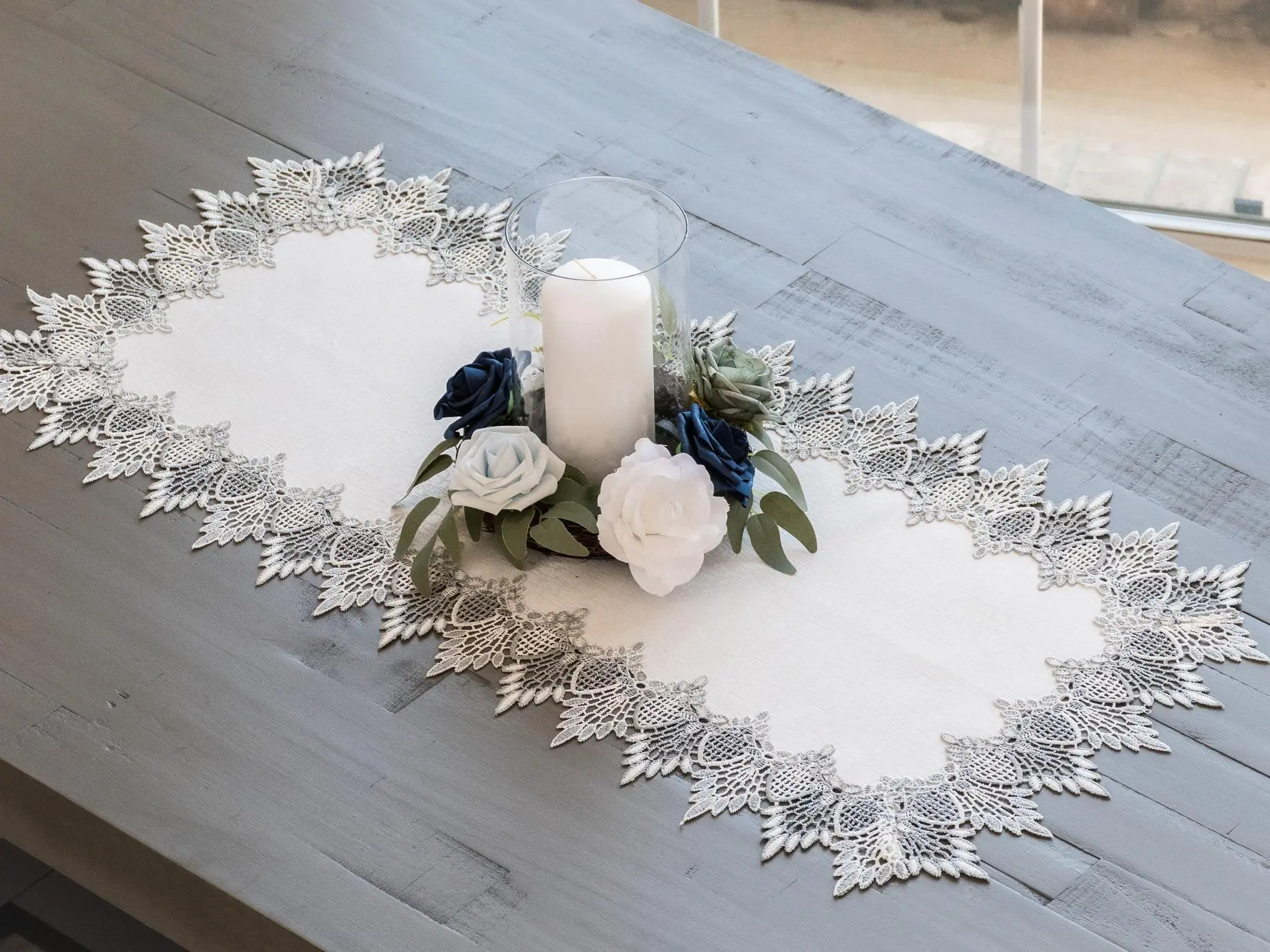 Linens Art And Things Classic Silver Lace Table Runner - Wrinkle Resistant Earth Tone Jacquard Fabric, All Seasons, Available in 28"/36"/54" Sizes