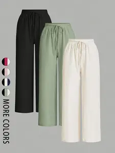 Women's three-piece set, Matching outfit set, with drapey textured wide-leg casual pants, made from lightweight and breathable crinkled fabric with a drawstring waistband, suitable for daily commuting, relaxing at home, weekend outings