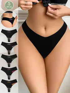 5-piece set of women's thongs, V-shaped sexy color-block women's underwear, LOVE letter thong, Solid Color Panties, suitable for daily work, leisure, and sports wear