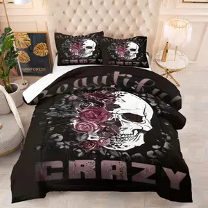 Skull and skull crazy pattern quilt, Decorative Bedding Set, contains 1 quilt and 1 or 2 core-free pillowcases, suitable for home or dormitory decoration, very suitable Day of the Dead gift