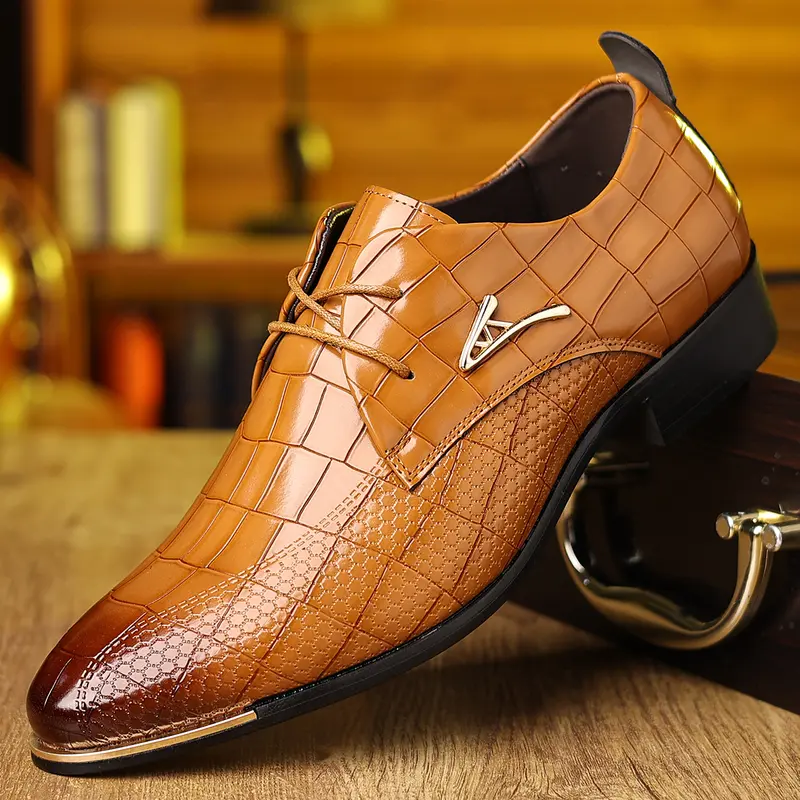 Men's Chic Korean-Style Dress Oxfords - Ankle-High, Basic PU Upper Synthetic Footwear with Closed Pointed Toe, Laces, Slip-Proof Rubber Sole for Business, Office