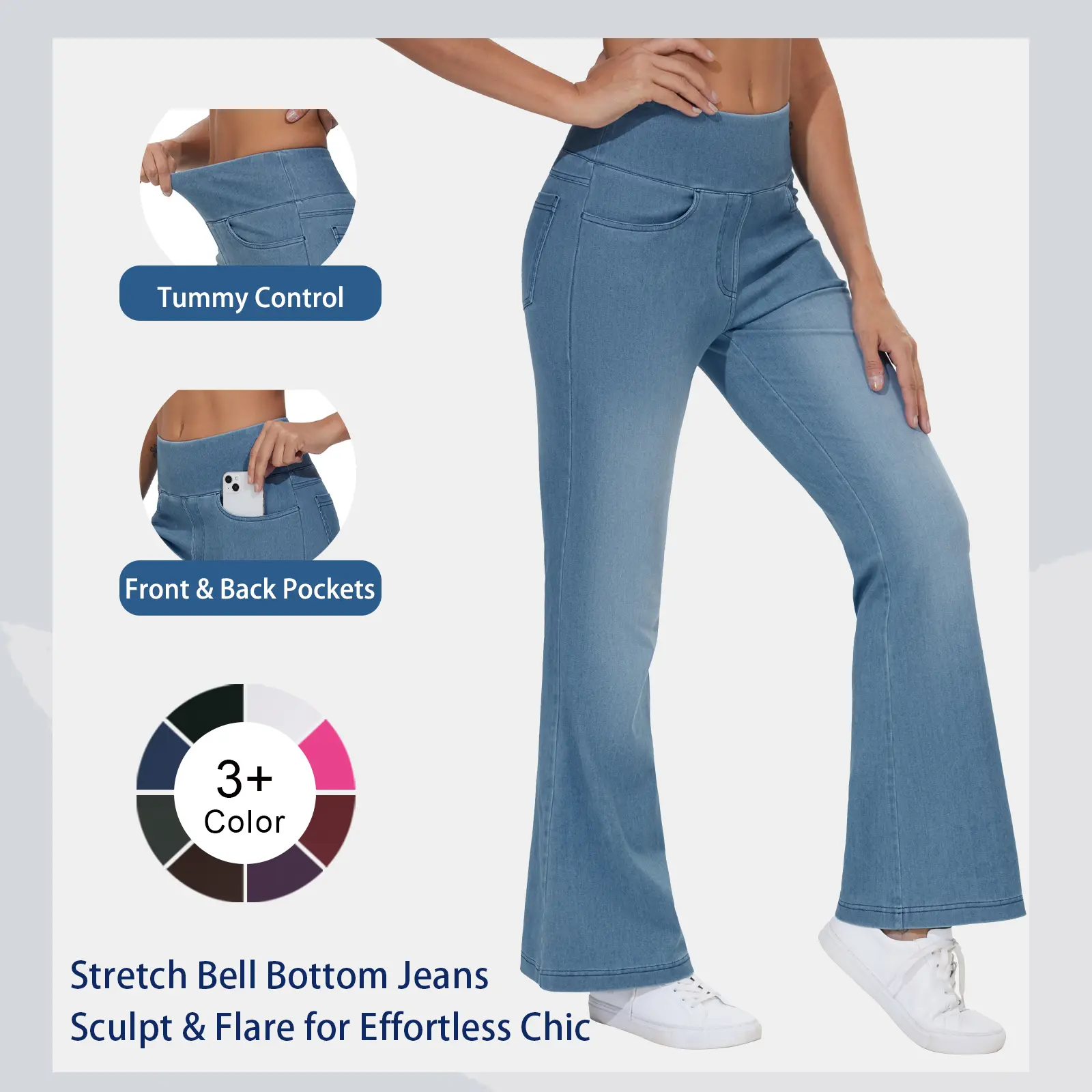 THE GYM PEOPLE Women's Tummy Control Bell Bottom Jeans High Waisted Wide Leg Flare Pants Going Out Y2k Streetwear Jeggings with Pockets