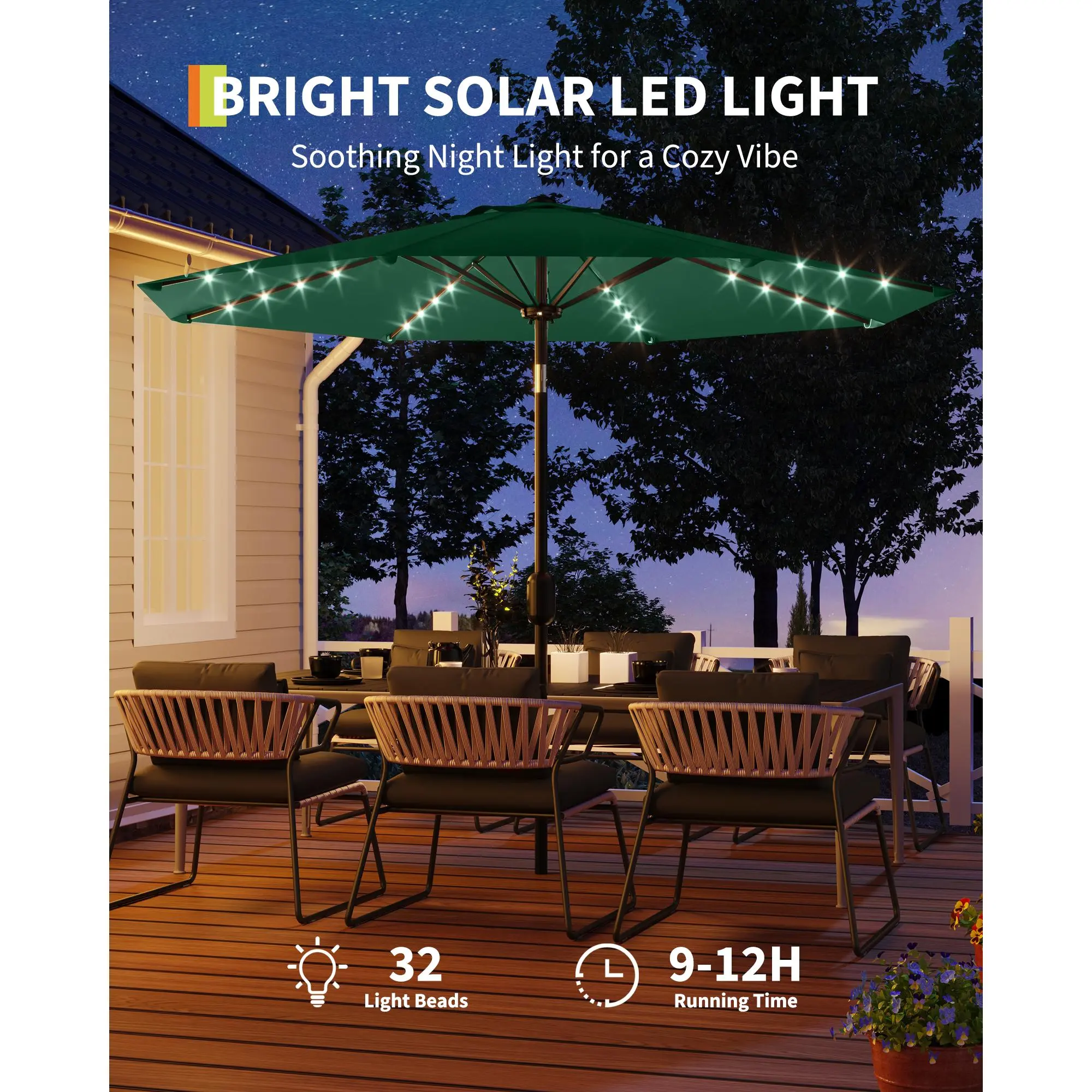 OUTGOODS 9FT LED Lighted Patio Umbrella - UV Coating Sunshade Canopy, Waterproof, Tilt & Crank, 8 Ribs - Shade Structure/Solar Illuminated Parasol for Pool, Backyard