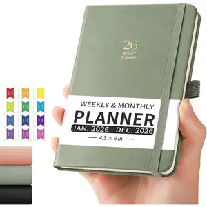 2026 Pocket Calendar for Purse - 4.3" x 6" A6 Small Mini Weekly and Monthly Planner, Jan-Dec 2026, 100GSM Thick Paper, Leather Hardcover, Colorful Tabs, Notes, Pen Loop,  Pocket, Light Green