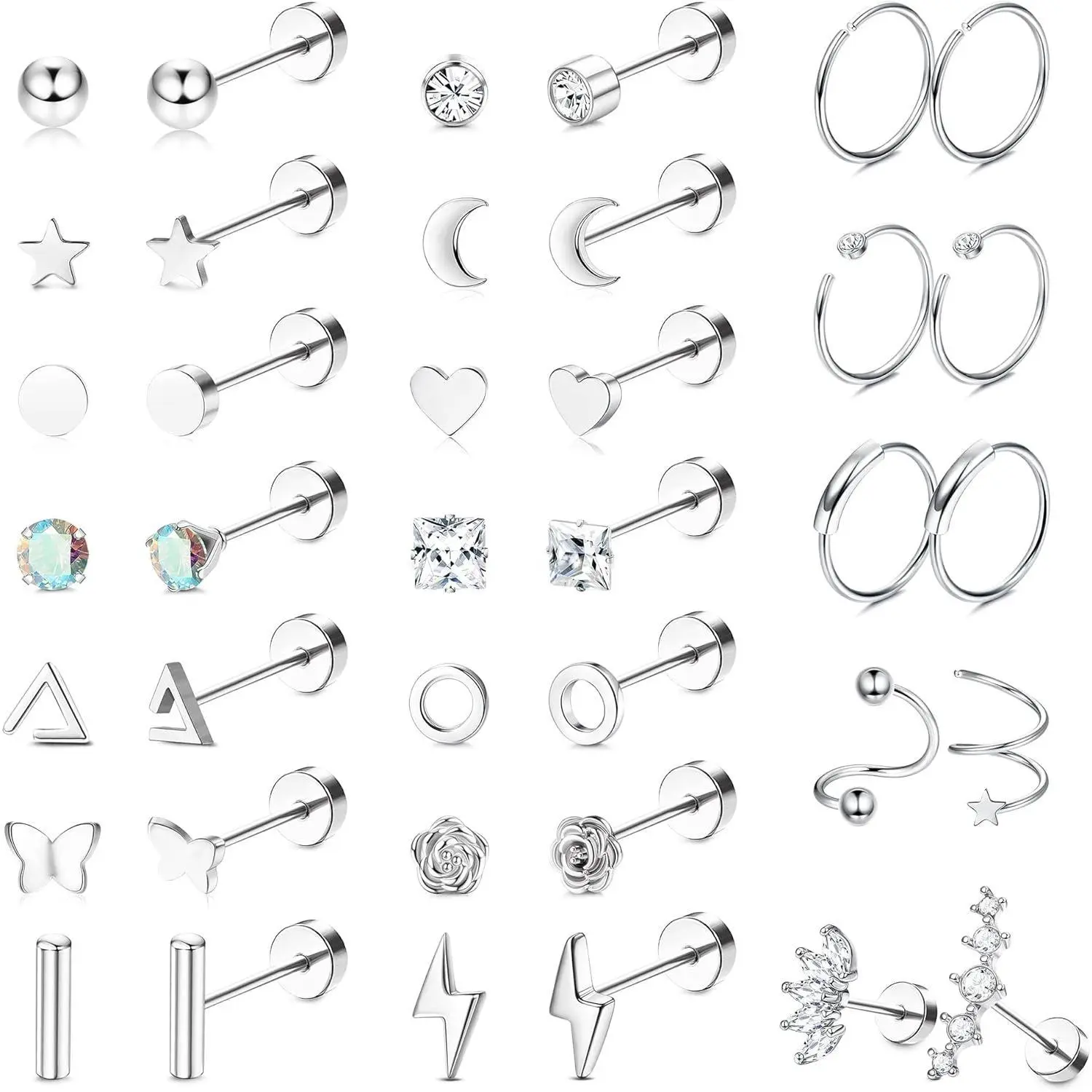 FASACCO 18G Surgical Steel Flat Back Cartilage Earrings - Anti-Rust, Crystal Encrusted Heart Geometric, Hypoallergenic Cubic Zirconia for Women's Casual Daily Helix Tragus Piercings