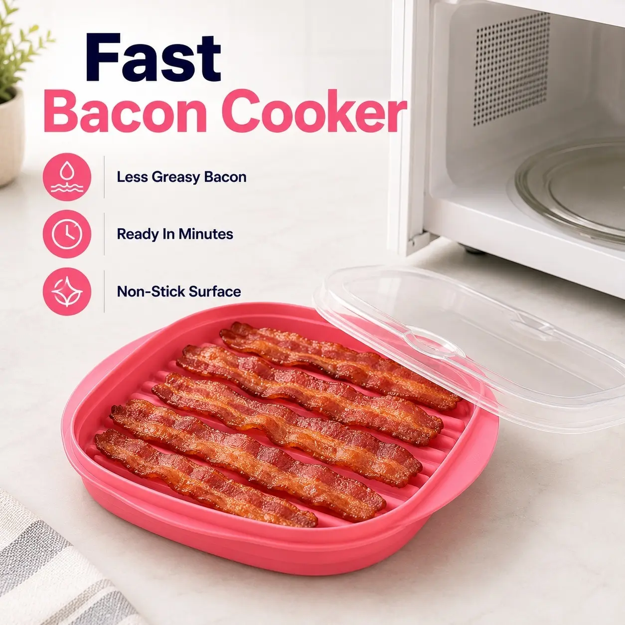 Simple bacon roasting rack microwave-safe barbecue tray for home use, a lazy person's handy tool. The microwave bacon tray comes with an anti-splash cover, safe and quick with no oil splatter, letting you make crispy bacon in just a few minutes.