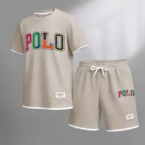 Men's Polo Print Drawstring Shorts Set For Spring/Summer. A Casual Summer Outfit, Including A Short-Sleeved Shirt And Shorts, Suitable For Everyday Wear And Sports. A Two-Piece Set For A Relaxed And Energetic Lifestyle.