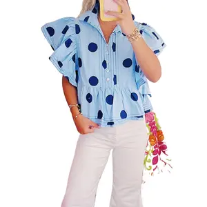 Elegant Sky Blue Polka Dot Ruffled Short Sleeve Buttoned Collared Blouse for Women