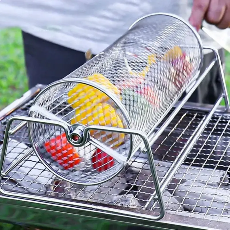Portable Durable High-Temperature Outdoor BBQ Grill, Rotating Smoking Basket, Quick Lock Switch, Detachable Wood Handle, Ideal for Family Gatherings