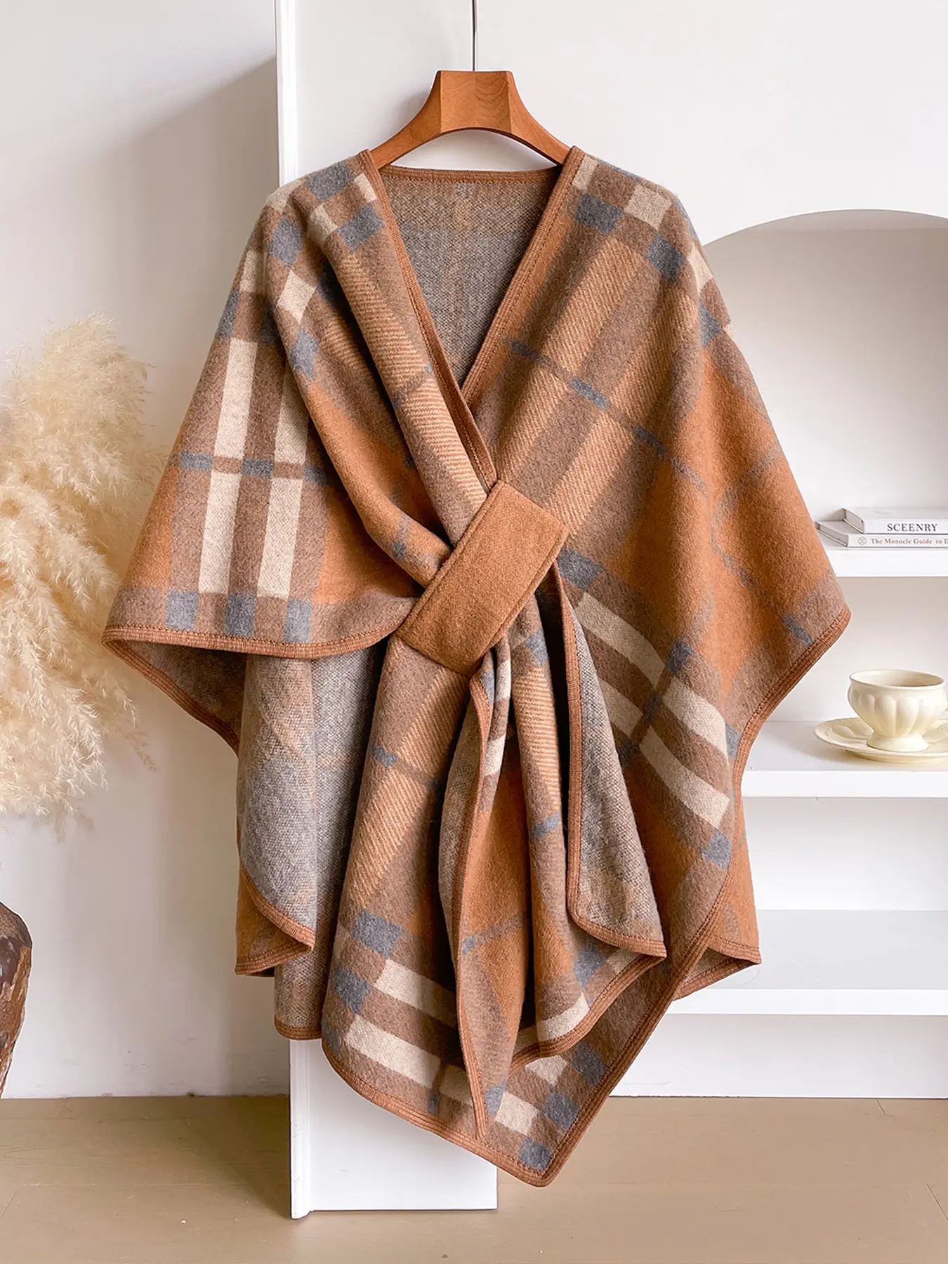 Women's Fashion Elegant Plaid Cape, Stylish Print Fringe Boho Style Shawl, Soft Fabric, Fitted Style, Warm Comfortable Holiday Gift, Fringe Trim Shawl, Casual Soft Shawl