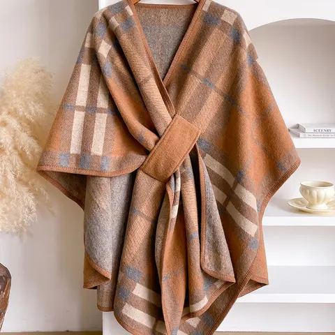 Women's Elegant Plaid Wrap Cape Poncho, Boho Style Print Shawl, Soft Fabric Warm Shawl, Fashion Shawl Wrap, Casual Holiday Shawl Wrap Poncho