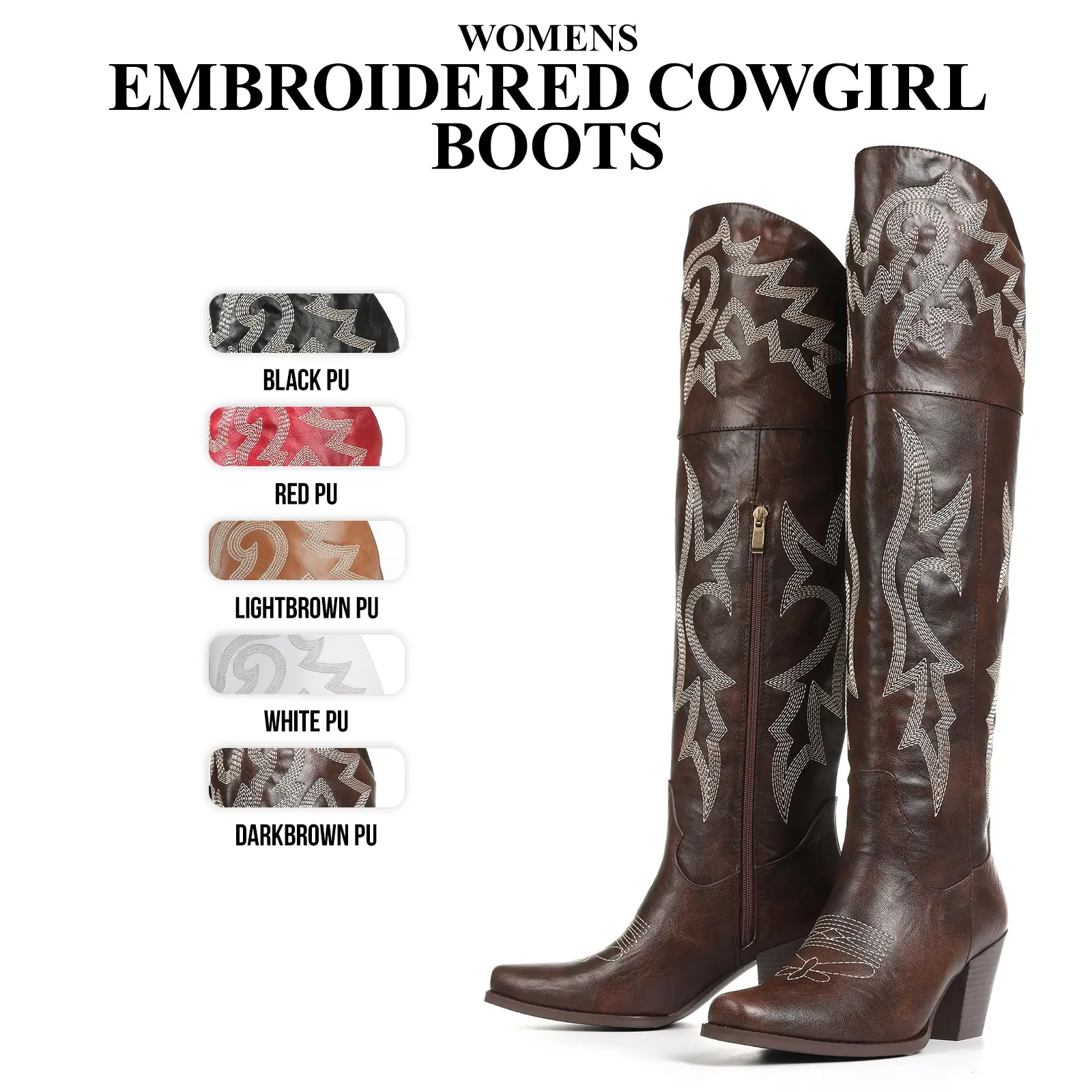 CYNLLIO Womens Over The Knee Cowboy Boots Square Toe Chunky Block High Heel Classic Chic Embroidered Wide Calf Tall Western Boots Side Zipper Closure Fashionable Party Music Festivals Wedding Cowgirl Vintage Summer Boot