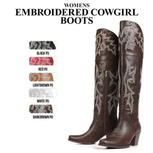 CYNLLIO Womens Over the Knee Cowboy Boots Square Toe Chunky Block High Heel Classic Chic Embroidered Wide Calf Tall Western Boots Zipper Closure Fashionable party  music festivals  Halloween wedding   Cowgirl Vintage Spring Boots
