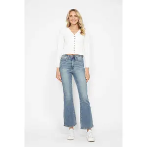 Shayla Judy Blue Full Size Tummy Control Back Embroidered Pocketed Bootcut Jeans Plus Size Jean Woman Bottom Denim Smooth Stretchy Style Spandex Womenswear