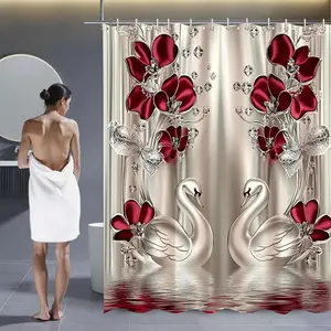 Bathroom Four-Piece Set, Swan Pattern Curtain Series, Bath Curtain, Rug, Toilet Lid Cover, Soft and Fine, Elegant Design